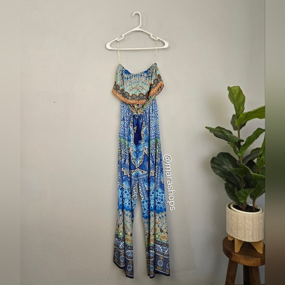 Shahida Parides Strapless Blue Crystal Print Wide Leg Jumpsuit - Picture 2 of 10